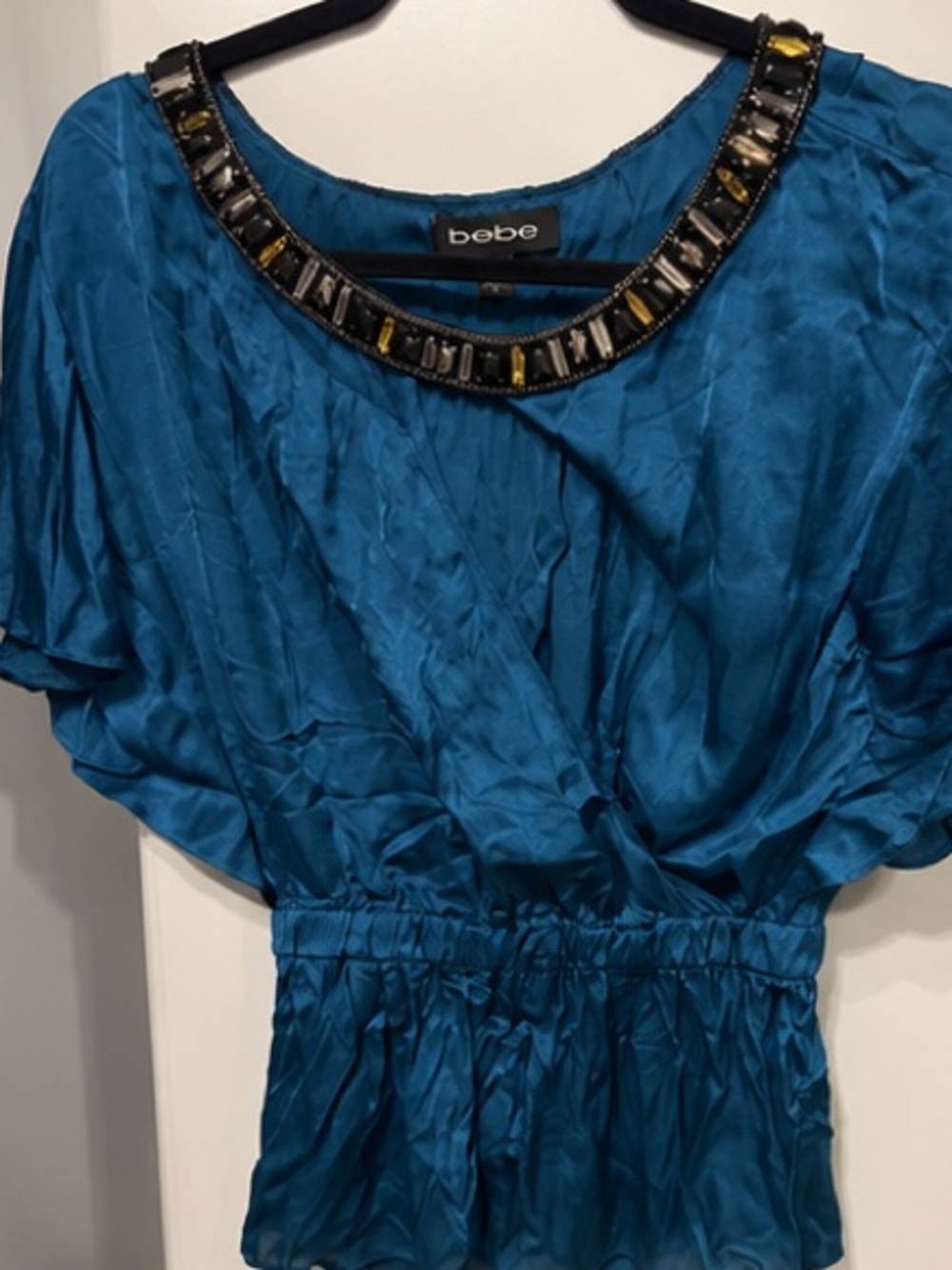 Small Bebe Teal Blouse with Gemstone Neckline